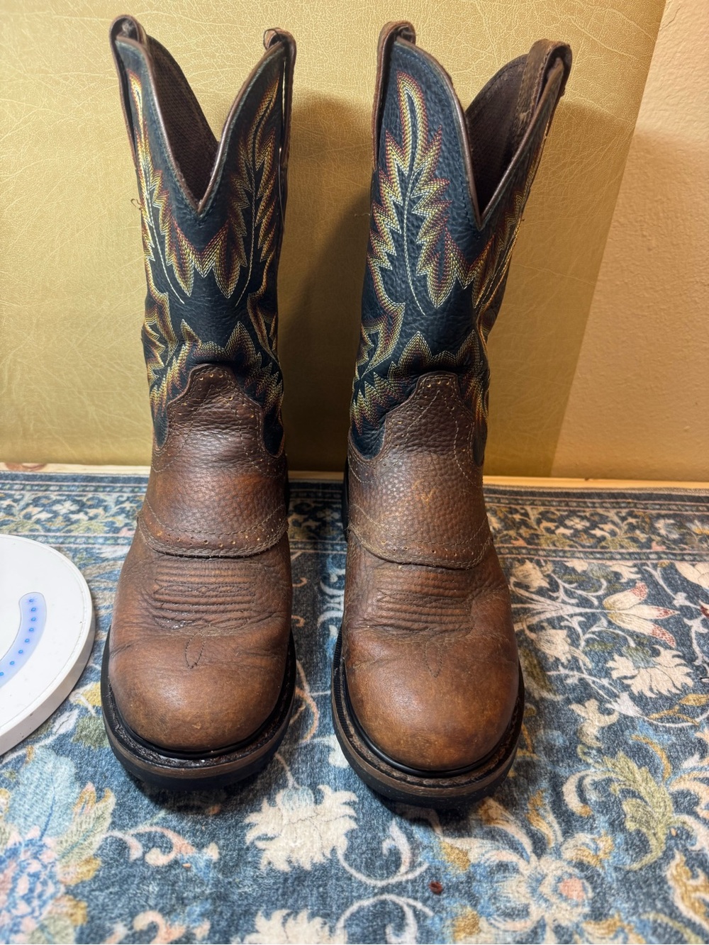 Justin Stampede Brown Leather Cowboy Work Boots with Black Embroidered Shaft